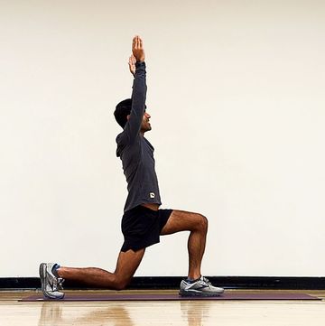 hathiramani practices the lunge with overhead reach exercise